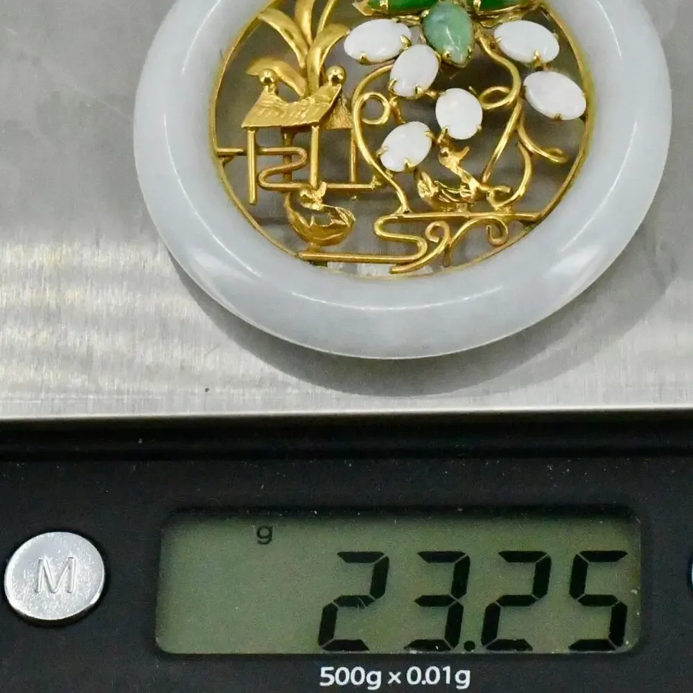 Vintage 14K Gold Jade BiDonut Pendant 48mm Opal Green Jade Hut Tree Scene 23.25g